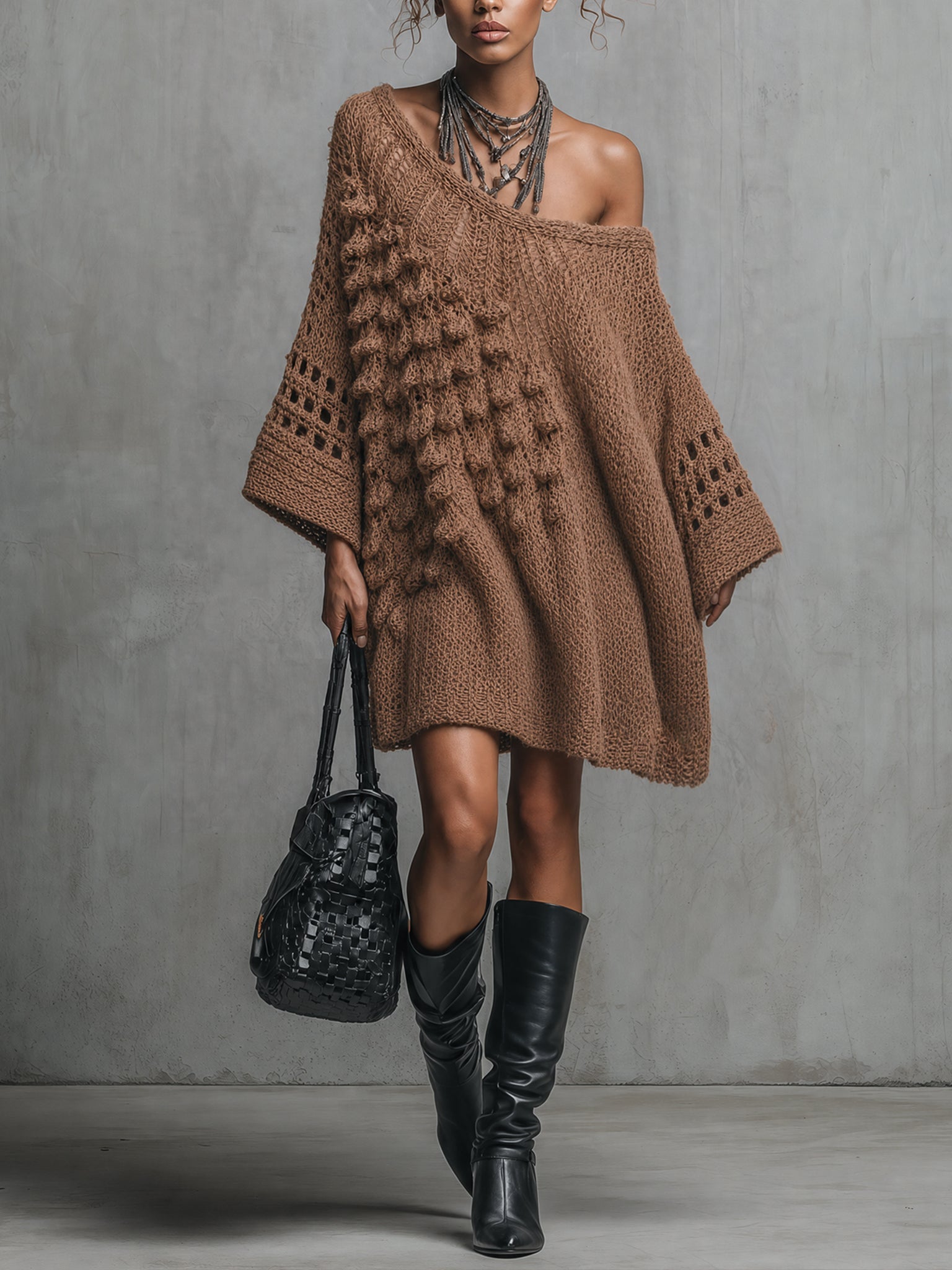 Brown Multi Textured Knit Mini Dress