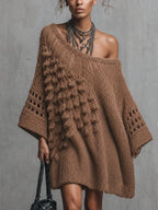 Brown Multi Textured Knit Mini Dress