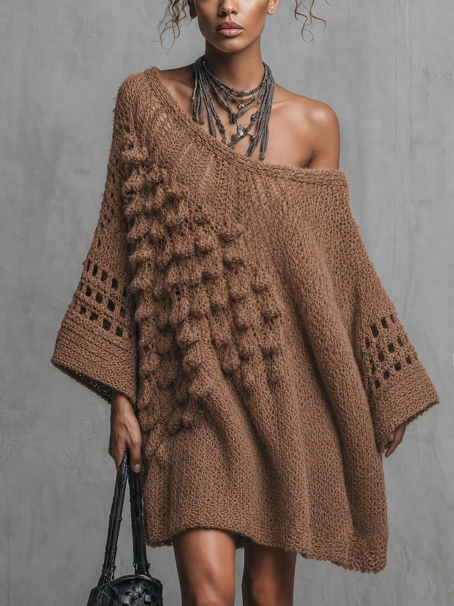 Brown Multi Textured Knit Mini Dress
