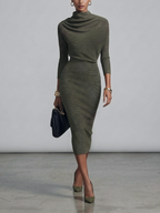 Olive Green Draped Cowl Neck Midi Dress