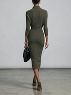 Olive Green Draped Cowl Neck Midi Dress