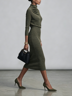 Olive Green Draped Cowl Neck Midi Dress