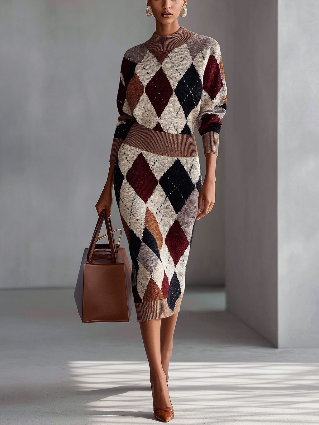 Multicolor Argyle Knit Mock Neck Midi Dress