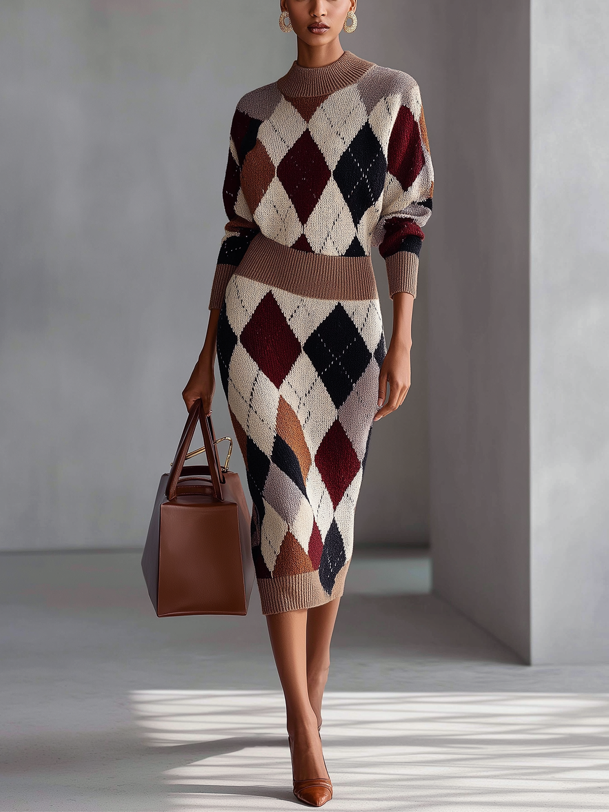 Multicolor Argyle Knit Mock Neck Midi Dress