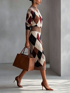 Multicolor Argyle Knit Mock Neck Midi Dress
