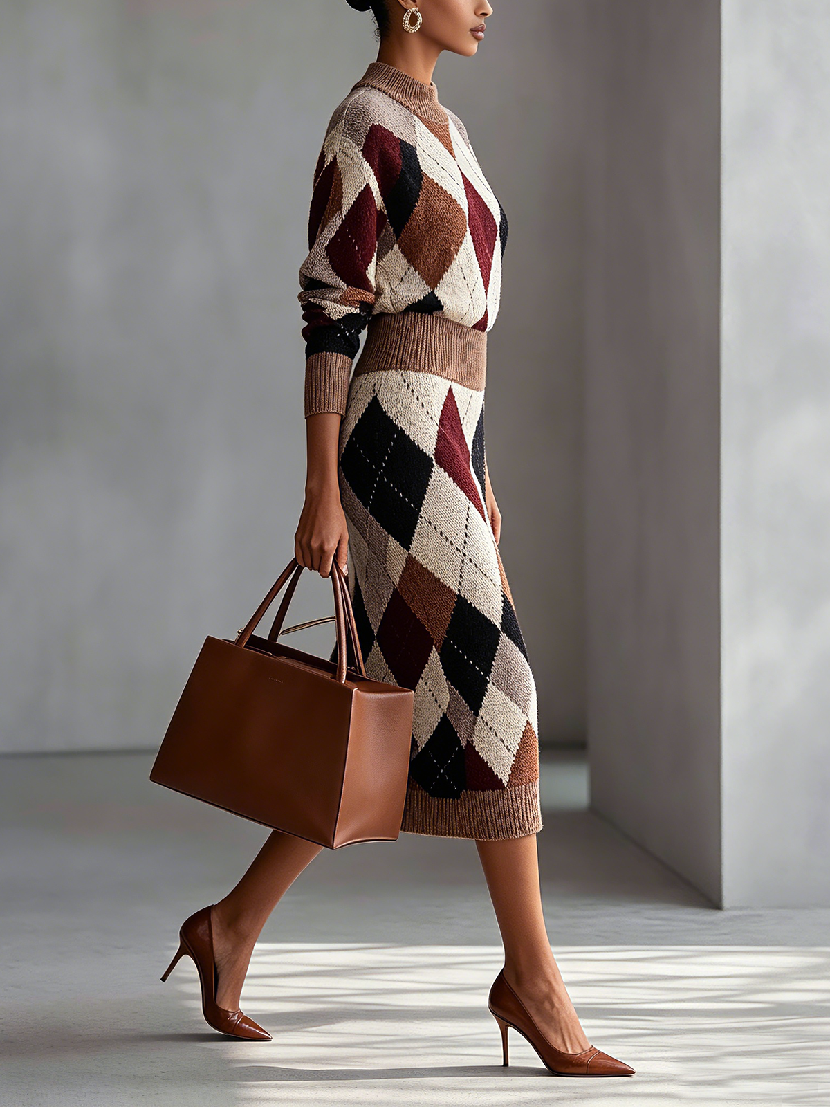 Multicolor Argyle Knit Mock Neck Midi Dress