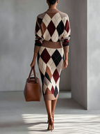 Multicolor Argyle Knit Mock Neck Midi Dress