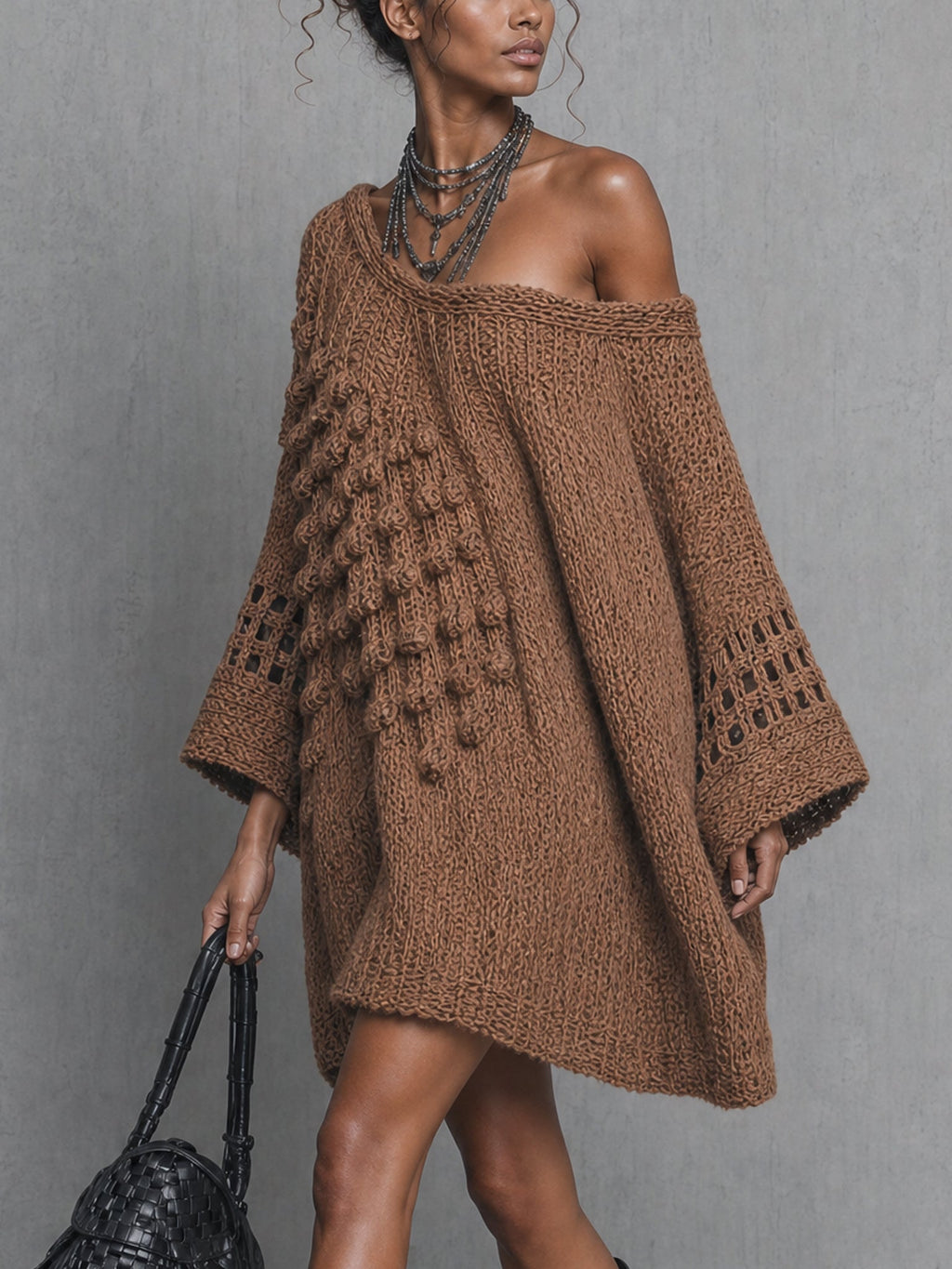 Brown Multi Textured Knit Mini Dress