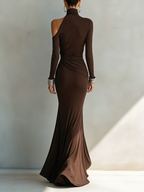 Chocolate Brown One-Shoulder Ruched Maxi Dress