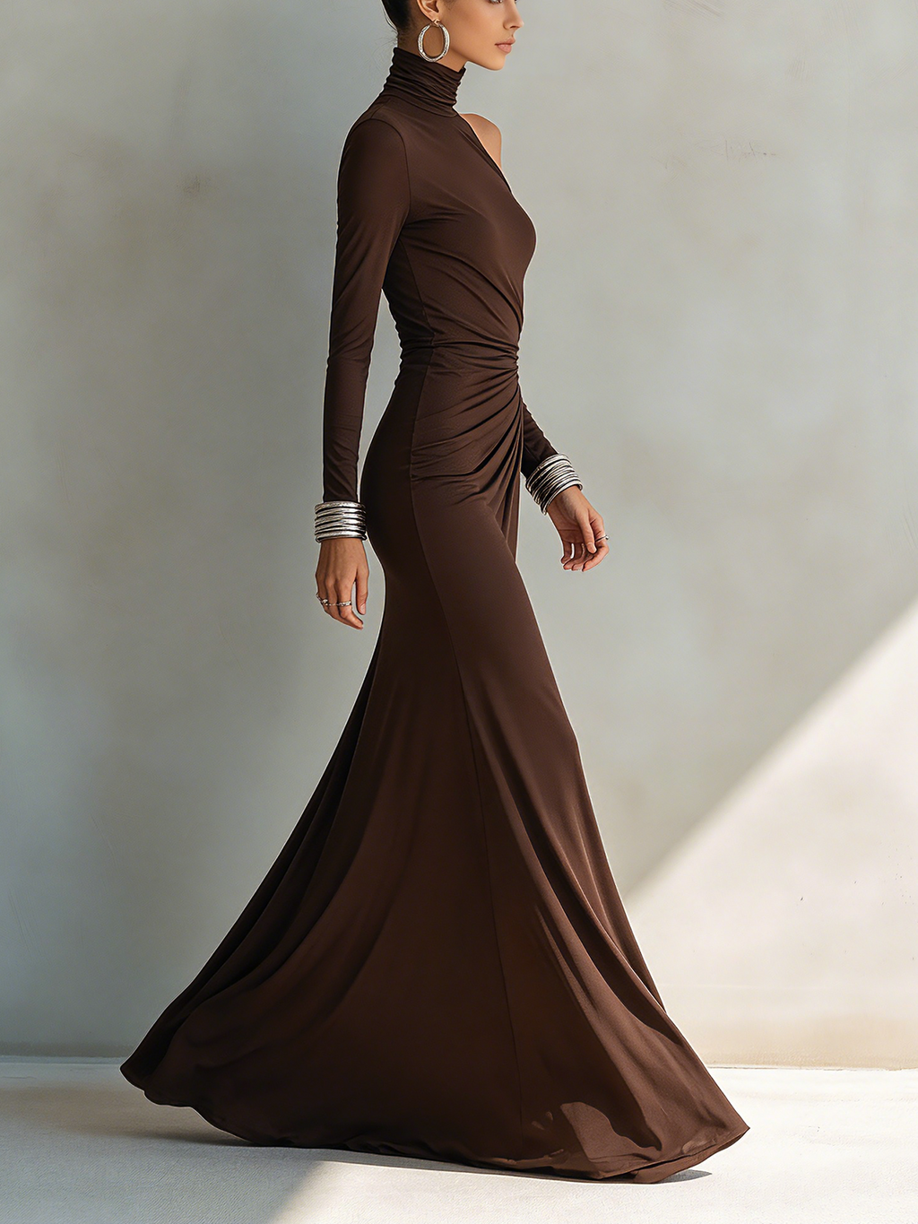 Chocolate Brown One-Shoulder Ruched Maxi Dress