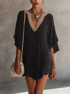 Black Shimmer Knit Mini Dress With Contrast Crochet V-Neck