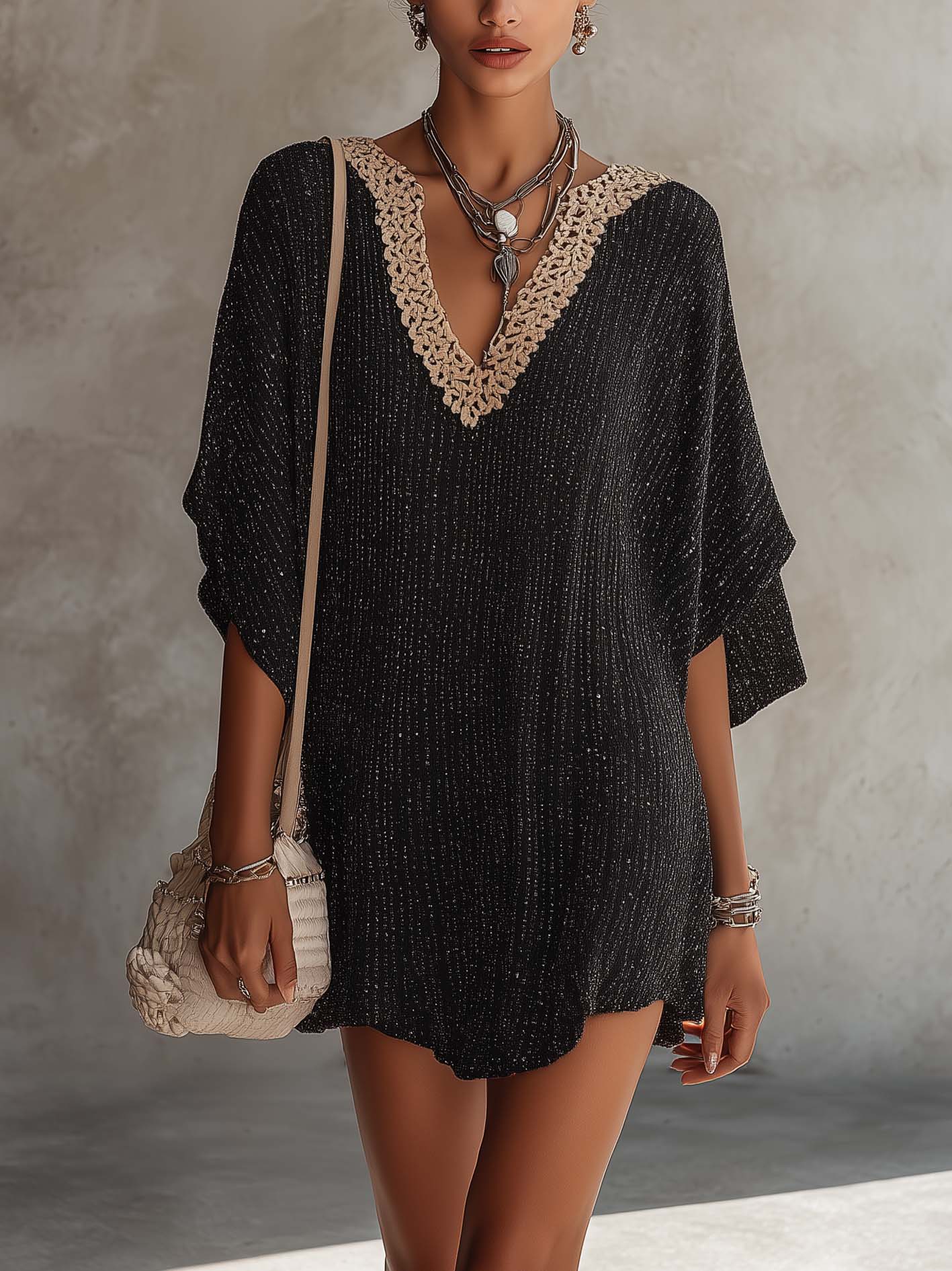 Black Shimmer Knit Mini Dress With Contrast Crochet V-Neck