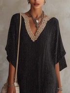 Black Shimmer Knit Mini Dress With Contrast Crochet V-Neck