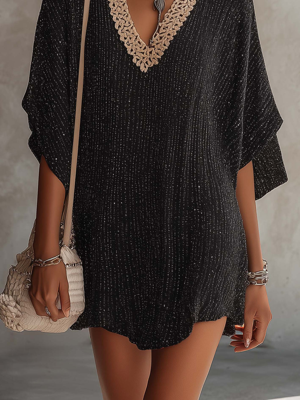 Black Shimmer Knit Mini Dress With Contrast Crochet V-Neck
