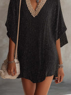 Black Shimmer Knit Mini Dress With Contrast Crochet V-Neck