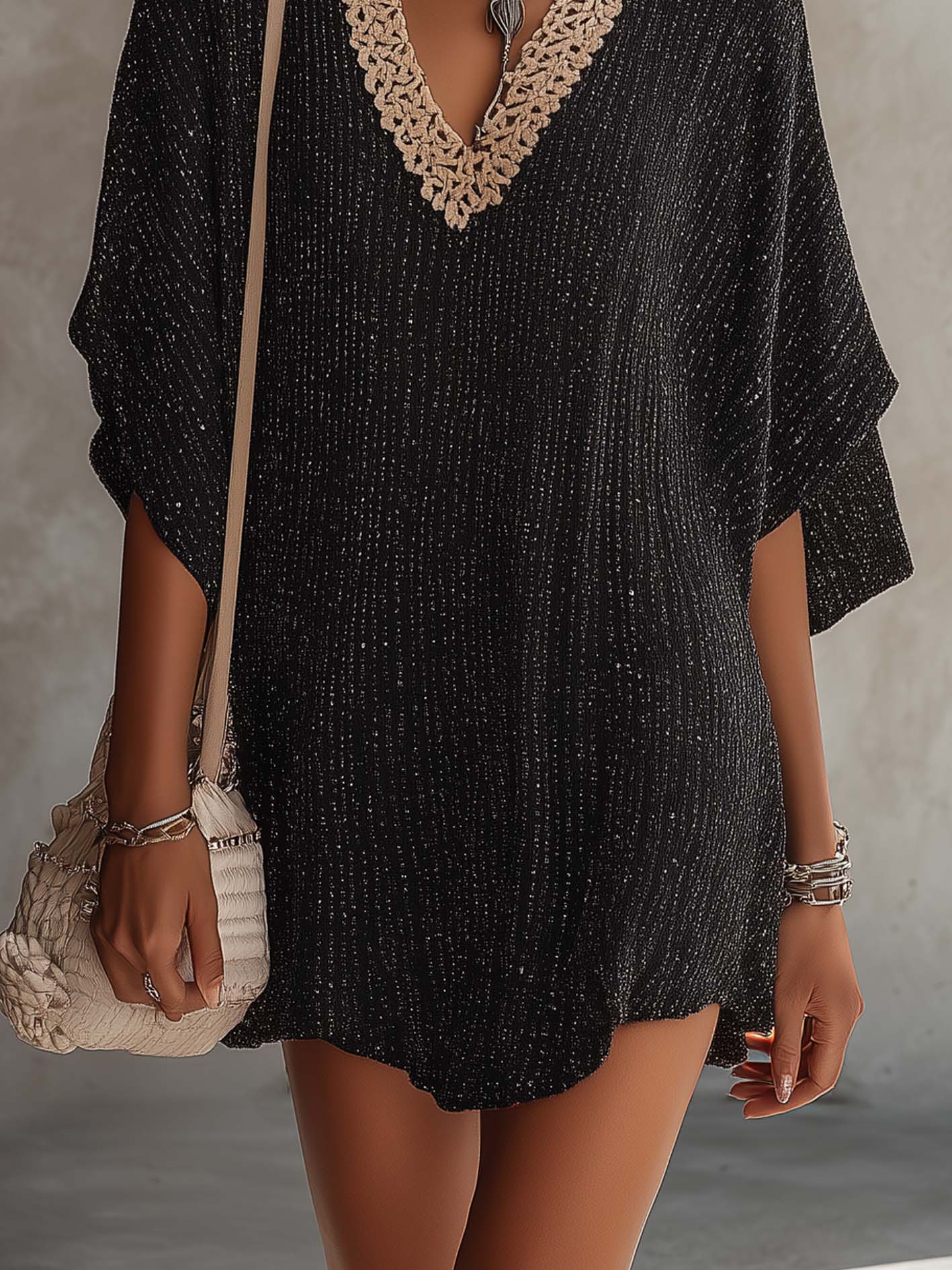 Black Shimmer Knit Mini Dress With Contrast Crochet V-Neck