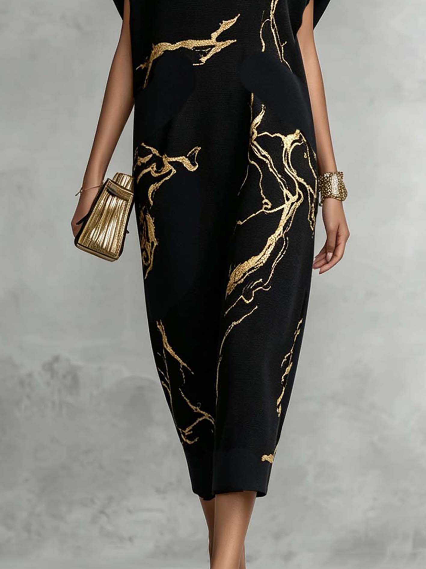 Black Vintage Gold Pattern Knit Maxi Dress
