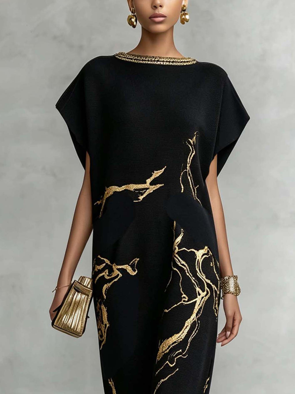 Black Vintage Gold Pattern Knit Maxi Dress