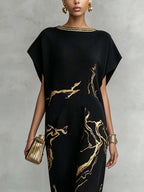 Black Vintage Gold Pattern Knit Maxi Dress