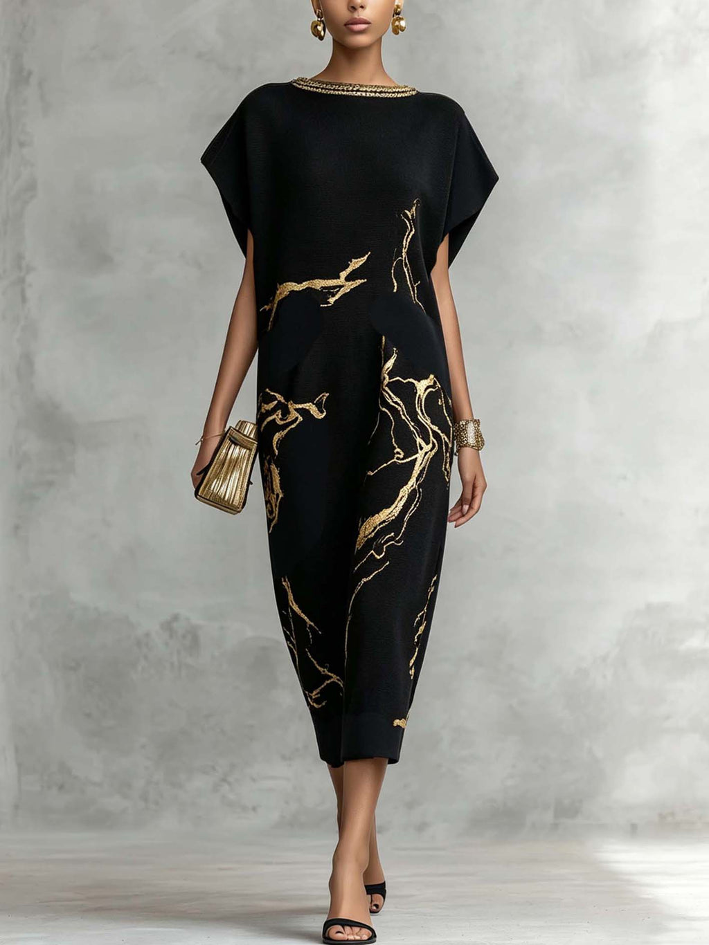 Black Vintage Gold Pattern Knit Maxi Dress
