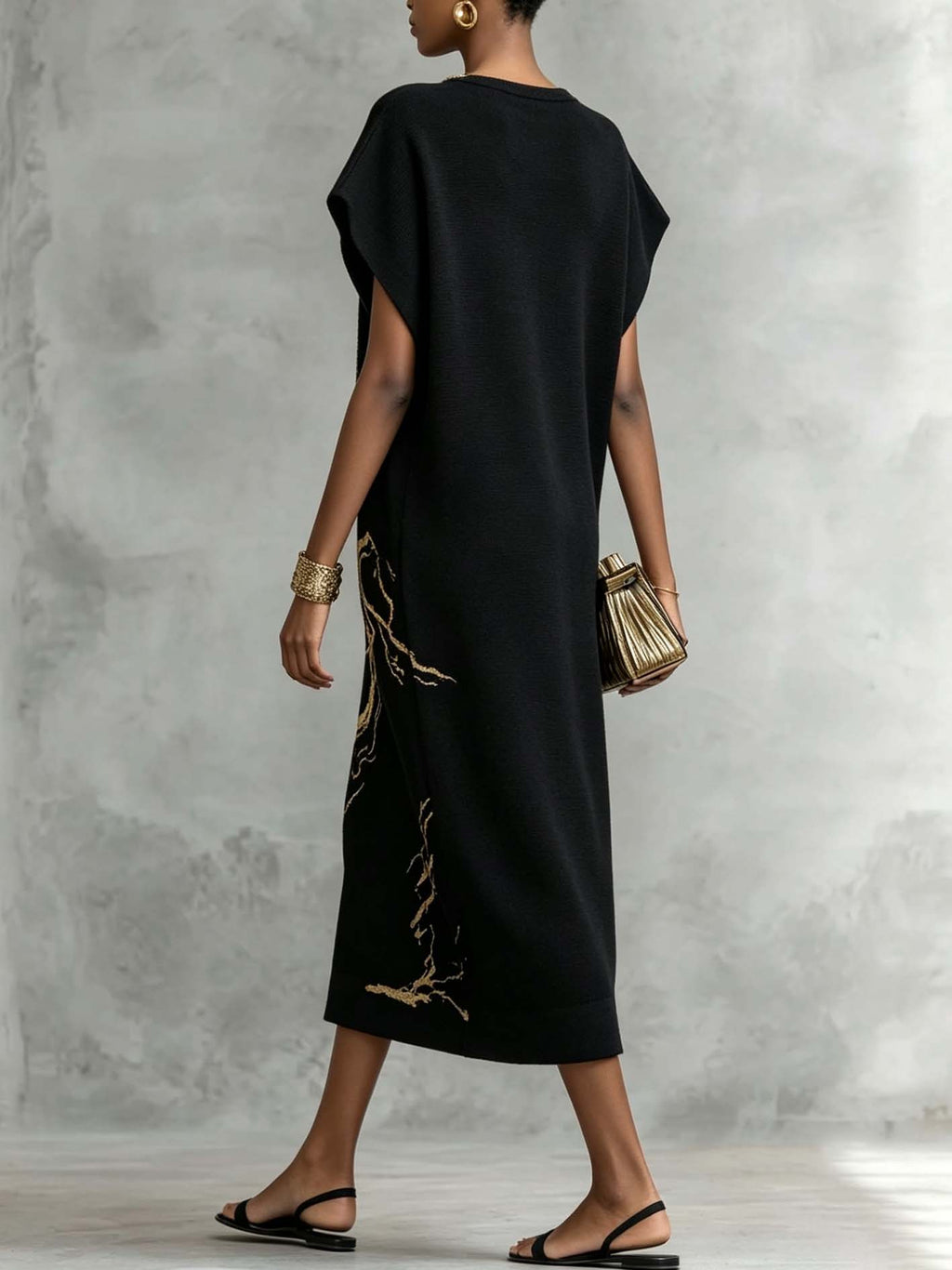 Black Vintage Gold Pattern Knit Maxi Dress