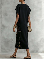 Black Vintage Gold Pattern Knit Maxi Dress