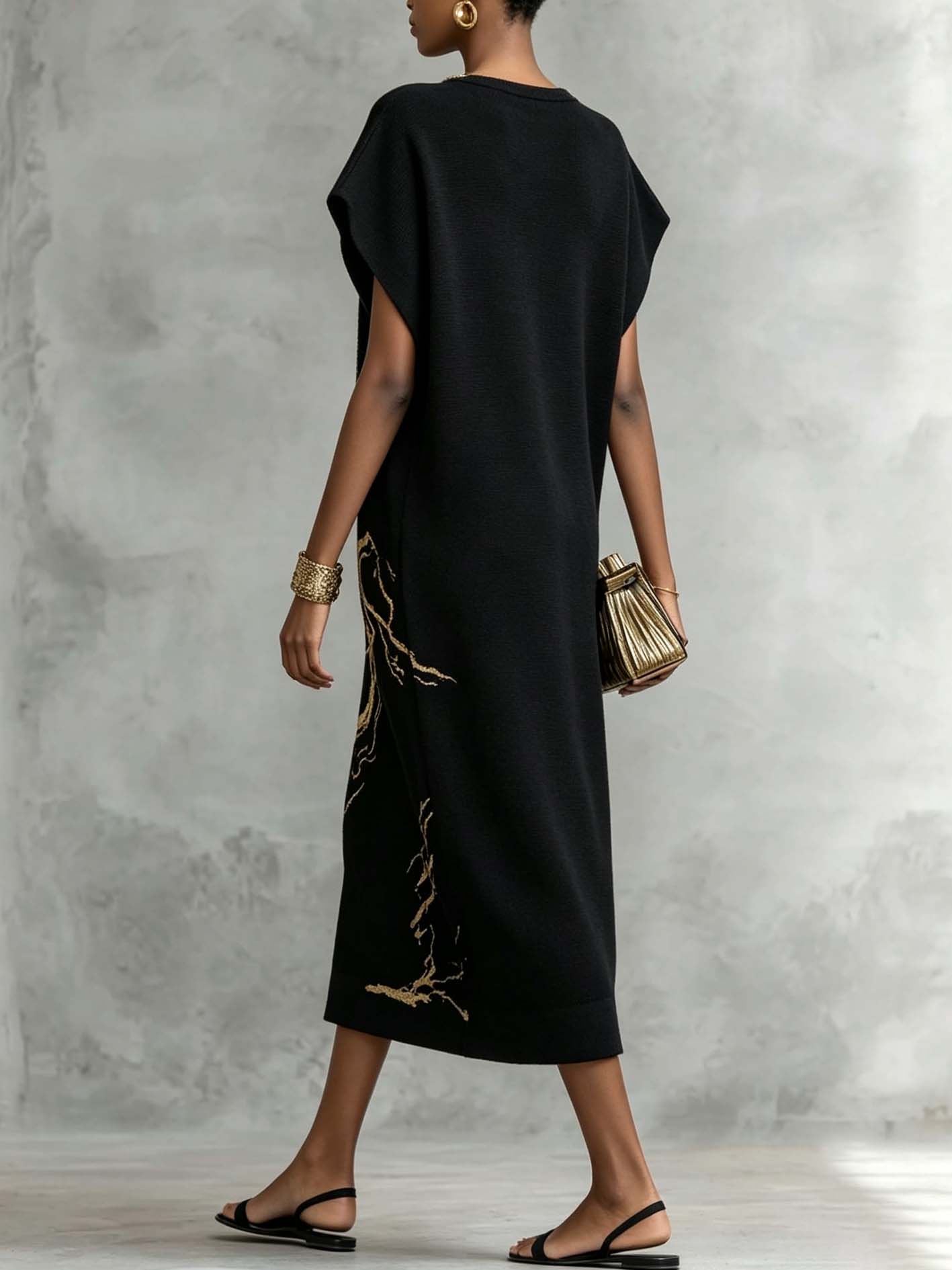 Black Vintage Gold Pattern Knit Maxi Dress