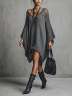Gray Oversized Open Knit Mini Dress