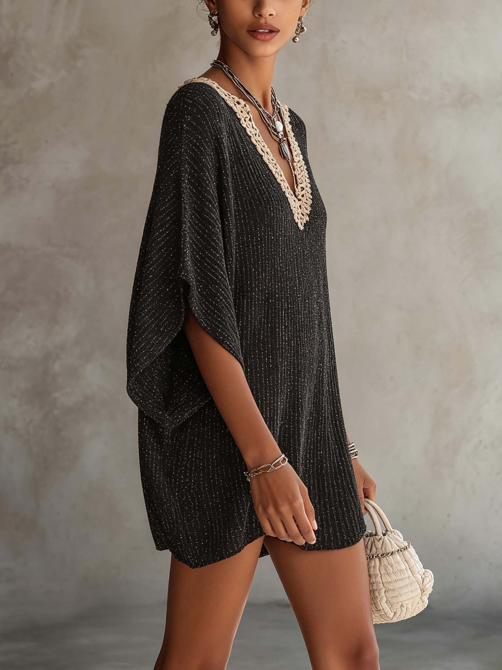 Black Shimmer Knit Mini Dress With Contrast Crochet V-Neck