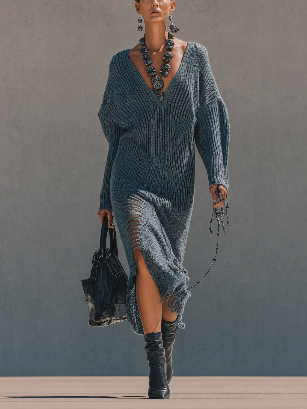 Blue Distressed Knit Batwing Maxi Dress
