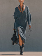 Blue Distressed Knit Batwing Maxi Dress