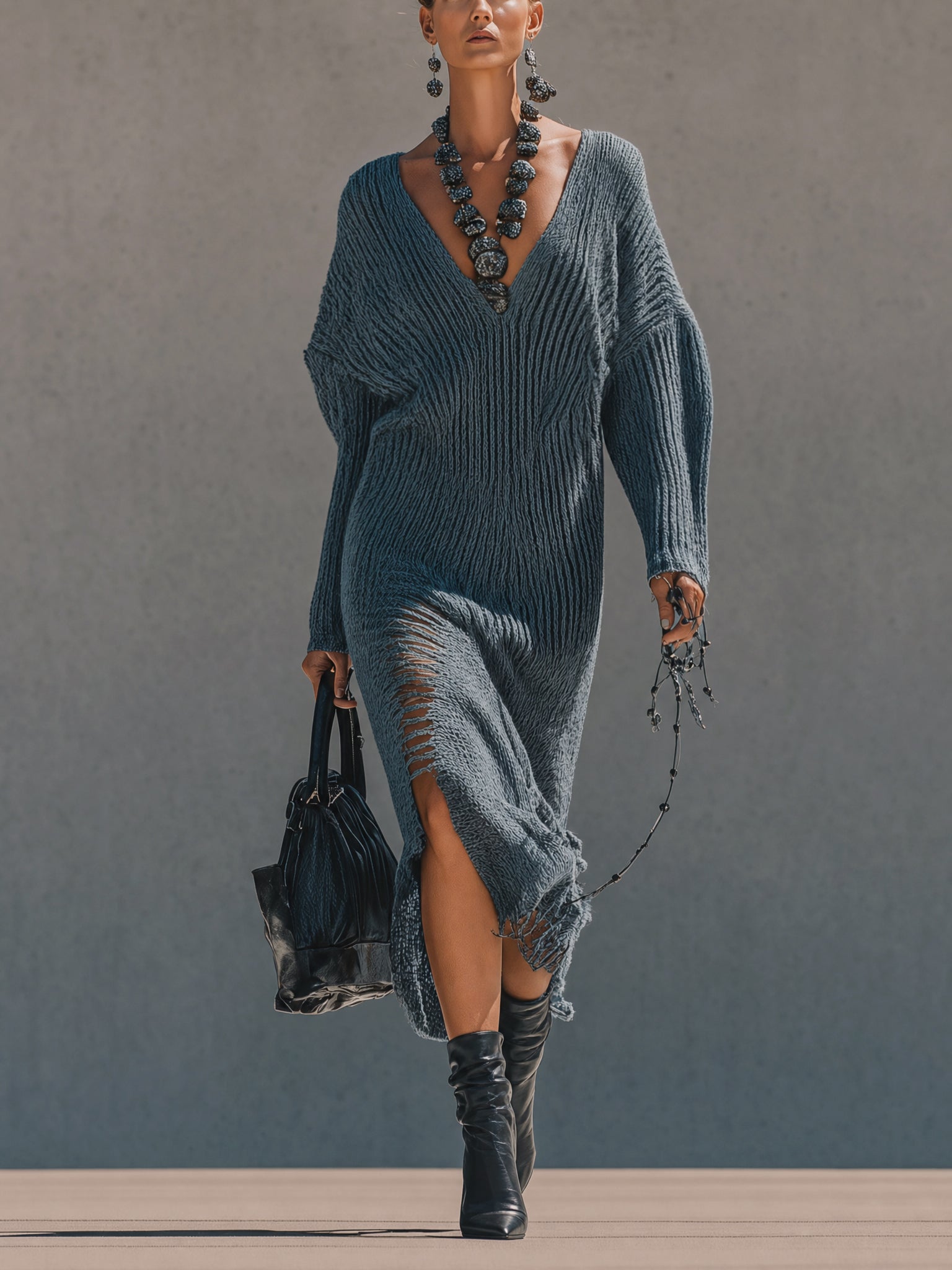 Blue Distressed Knit Batwing Maxi Dress