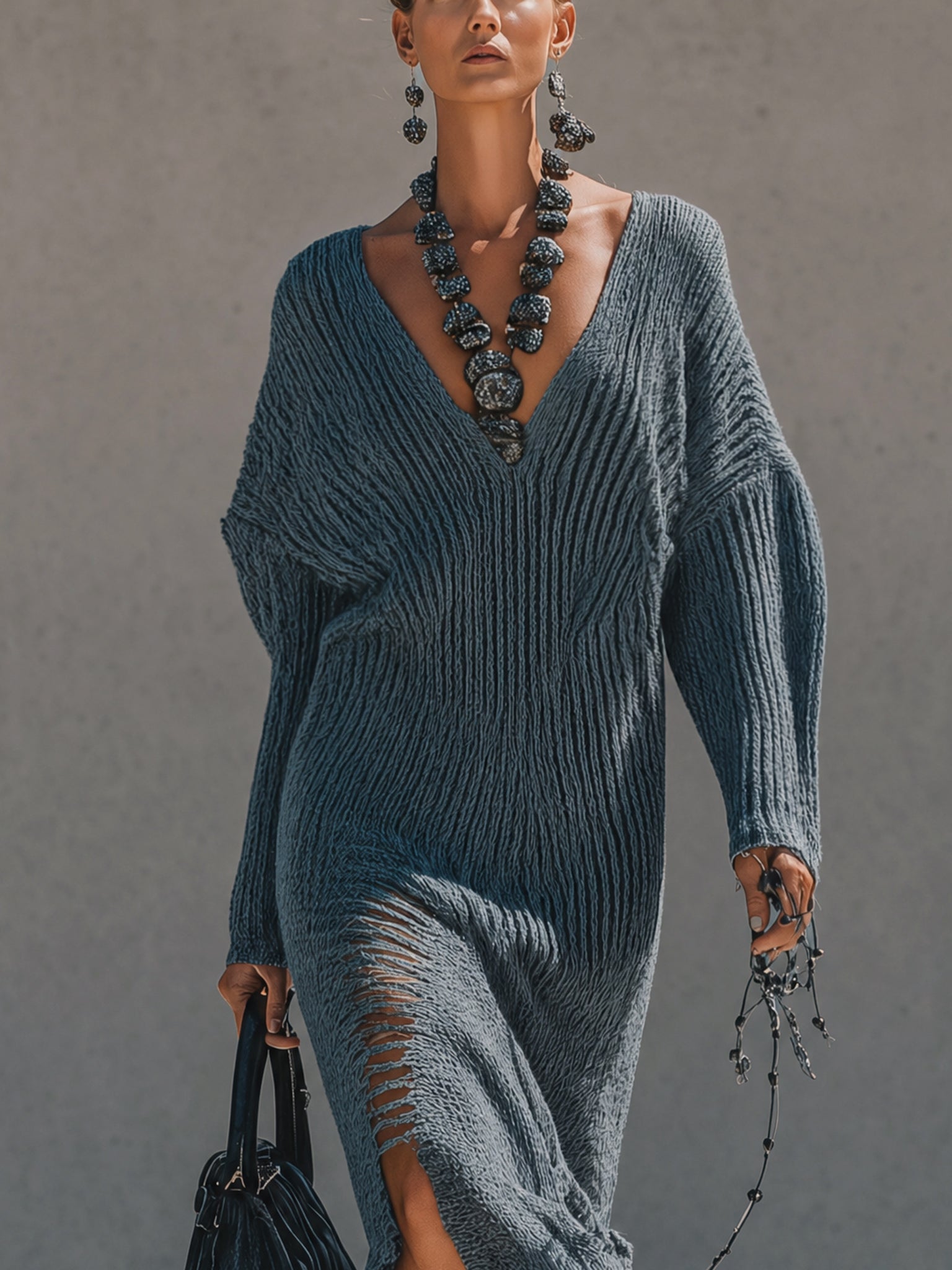Blue Distressed Knit Batwing Maxi Dress
