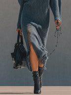 Blue Distressed Knit Batwing Maxi Dress