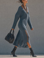 Blue Distressed Knit Batwing Maxi Dress