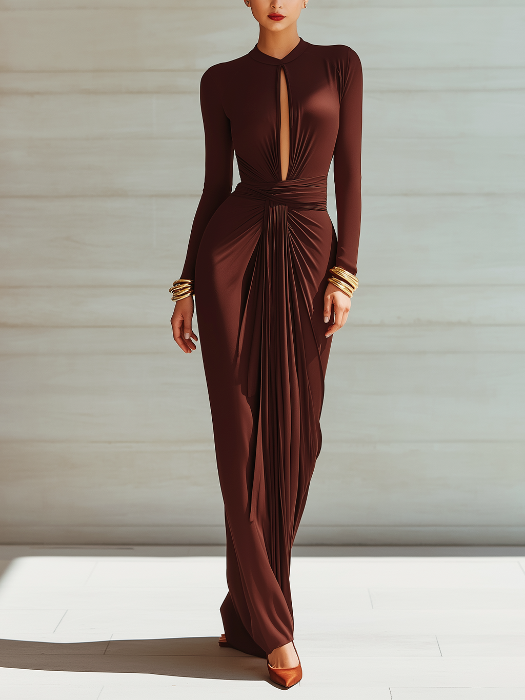 Chocolate Brown High Neck Keyhole Draped Maxi Dress