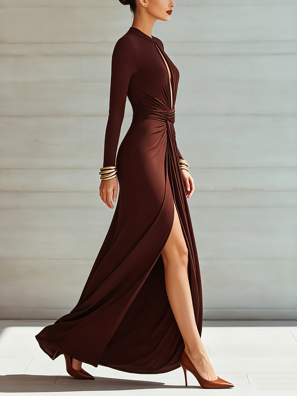 Chocolate Brown High Neck Keyhole Draped Maxi Dress