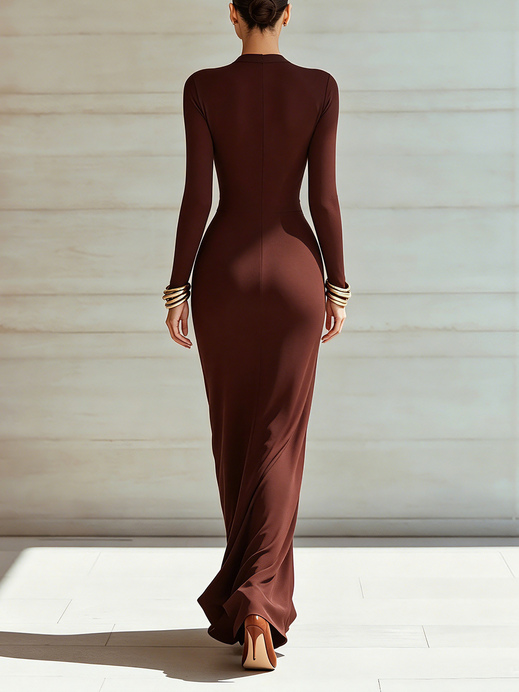 Chocolate Brown High Neck Keyhole Draped Maxi Dress