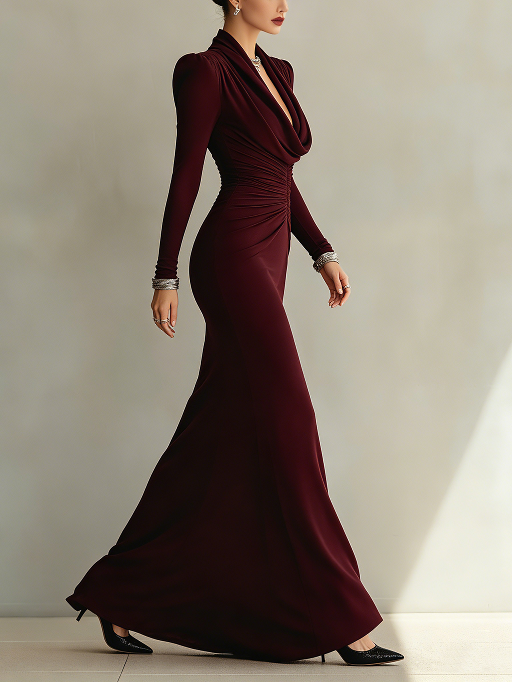 Wine Red Ruched Cowl Neck Maxi Dress