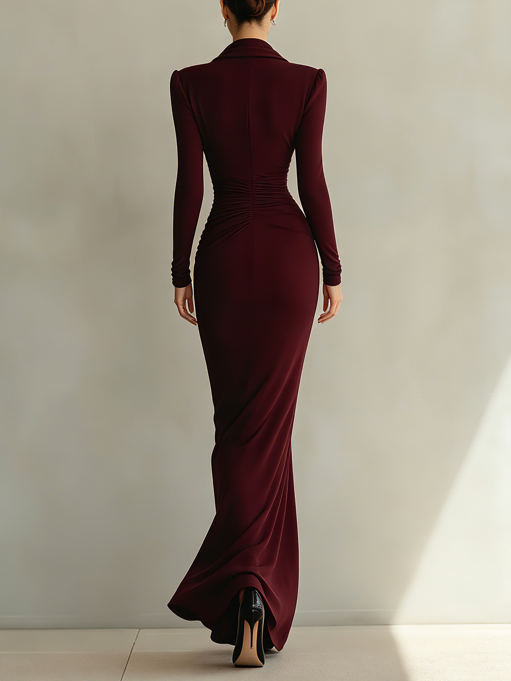 Wine Red Ruched Cowl Neck Maxi Dress