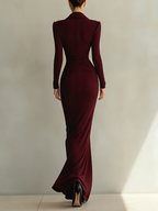 Wine Red Ruched Cowl Neck Maxi Dress