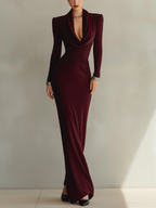 Wine Red Ruched Cowl Neck Maxi Dress