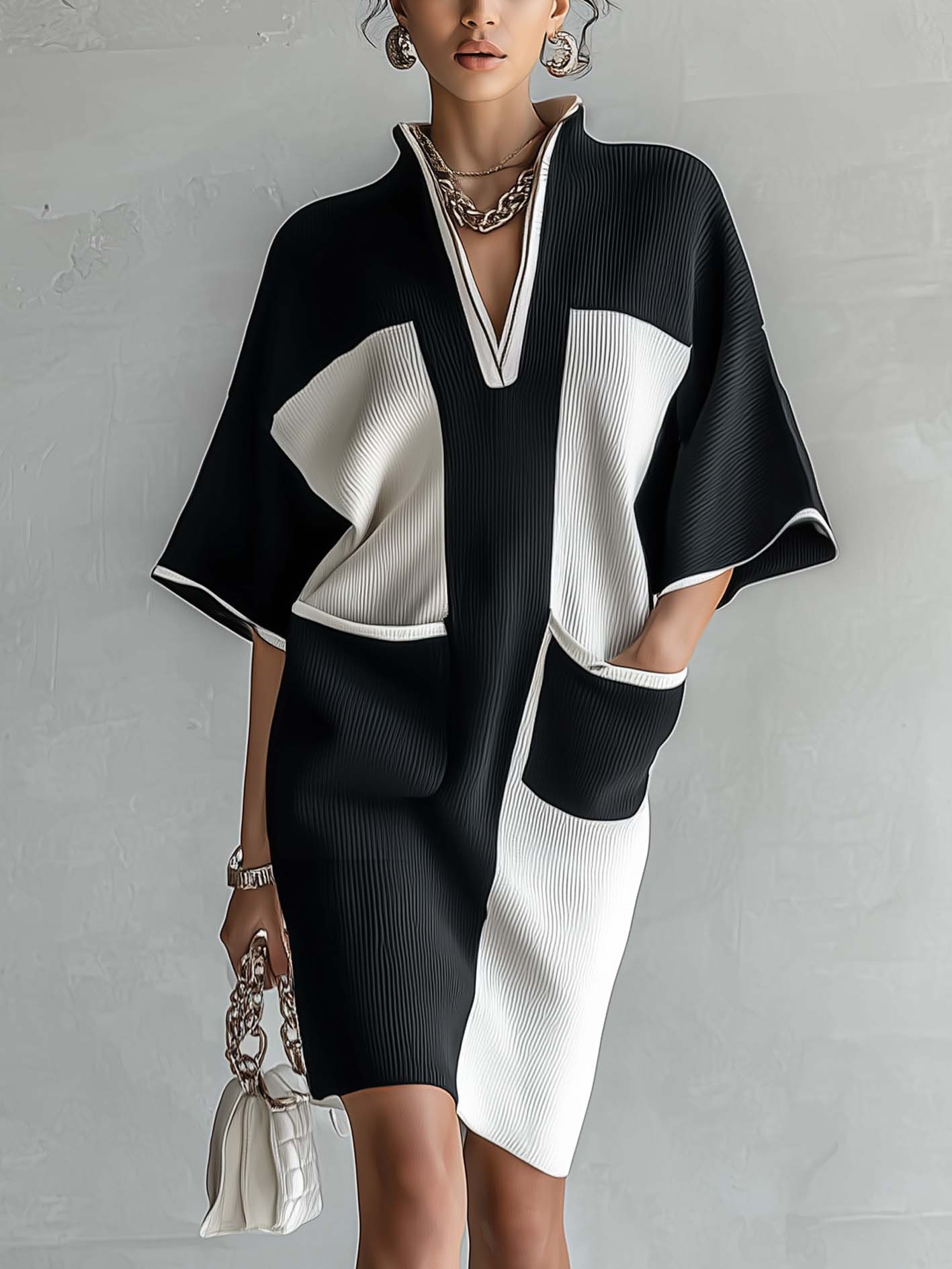 Colorblock V-Neck Batwing Sleeve Pleated Midi Dress