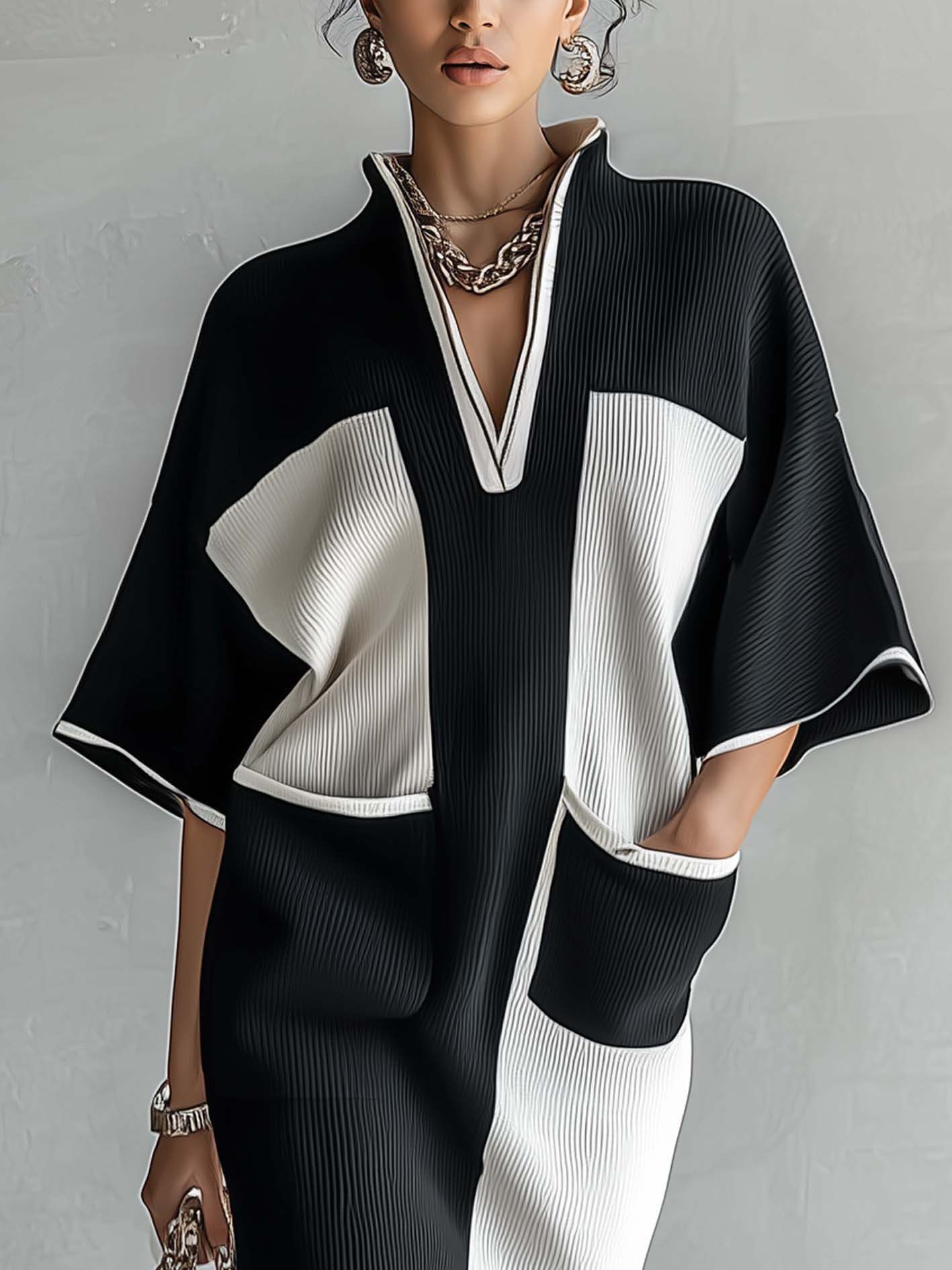 Colorblock V-Neck Batwing Sleeve Pleated Midi Dress
