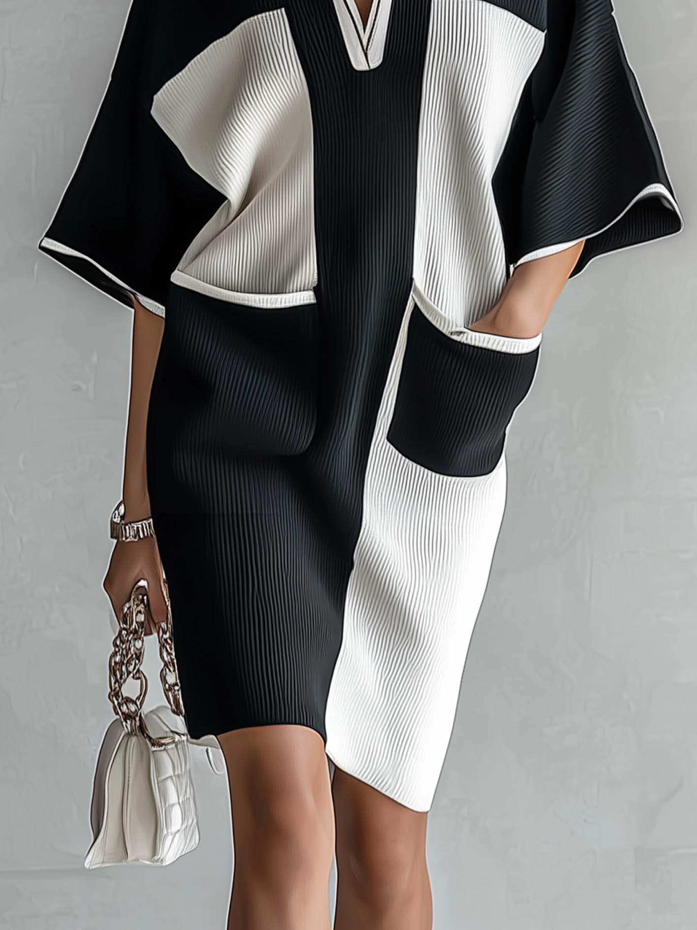 Colorblock V-Neck Batwing Sleeve Pleated Midi Dress