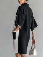 Colorblock V-Neck Batwing Sleeve Pleated Midi Dress