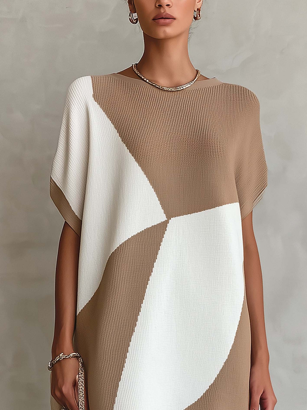 Khaki And White Color Block Knit Mini Dress