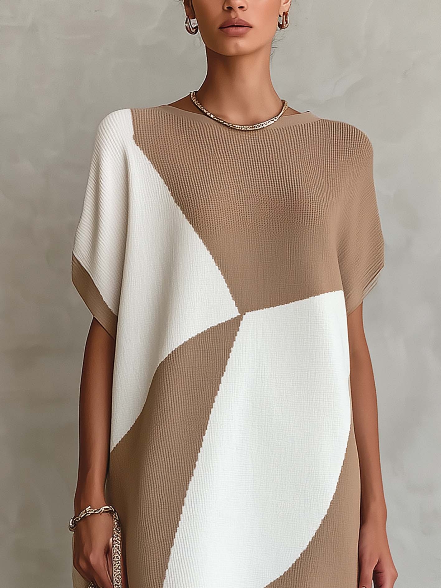 Khaki And White Color Block Knit Mini Dress