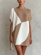 Khaki And White Color Block Knit Mini Dress