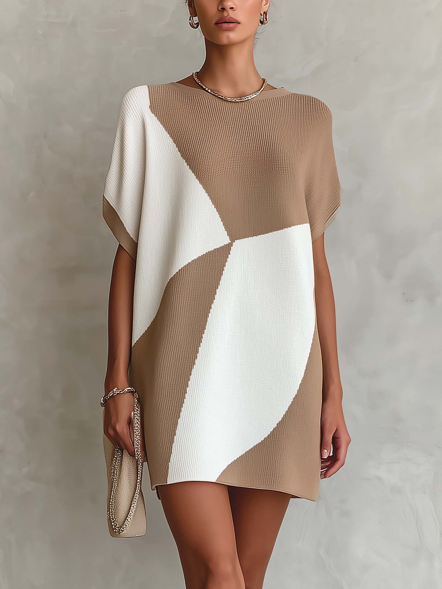 Khaki And White Color Block Knit Mini Dress